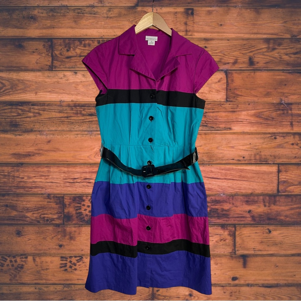 Vintage Liz Claiborne Color Block Striped Belted Dress Size 10